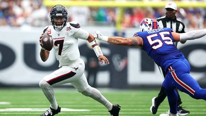 Sep 13, 2026; Houston, Texas, USA; Houston Texans quarterback C.J. Stroud (7) runs the ball during the second quarter against Buffalo Bills linebacker Michael Hoecht (55) at Reliant Stadium. Mandatory Credit: Troy Taormina-Imagn Images Sep 13, 2026; Houston, Texas, USA; Houston Texans quarterback C.J. Stroud (7) runs the ball during the second quarter against Buffalo Bills linebacker Michael Hoecht (55) at Reliant Stadium. Mandatory Credit: Troy Taormina-Imagn Images