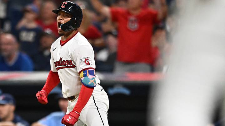 Sep 1, 2026: Cleveland Guardians second baseman Angel Genao (17) hits a pinch-hit, two-run home run during the seventh inning against the Toronto Blue Jays at Progressive Field. Credit: Ken Blaze-Imagn Images