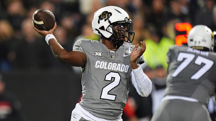 Oct 26, 2024; Boulder, Colorado, USA; Colorado Buffaloes quarterback Shedeur Sanders (2) prepares to pass in the second half against the Cincinnati Bearcats at Folsom Field.