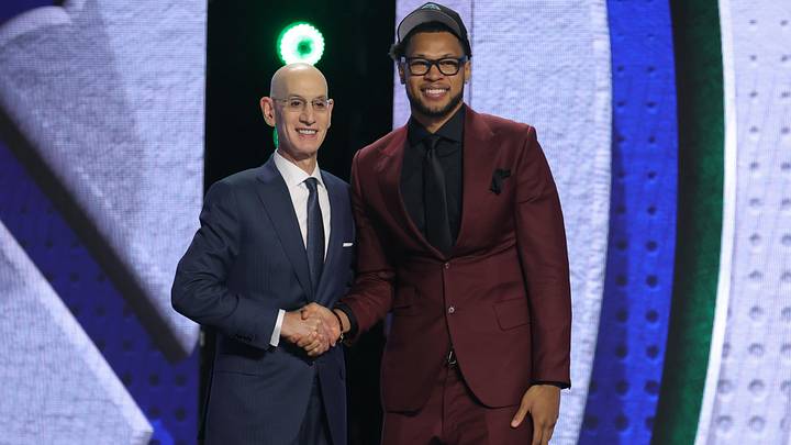 Jun 23, 2026; New York, NY, USA; NBA commissioner Adam Silver greets the twenty eighth pick in the 2026 NBA draft, Iowa State forward Joshua Jefferson after he was selected by the Minnesota Timberwolves at Barclays Center.