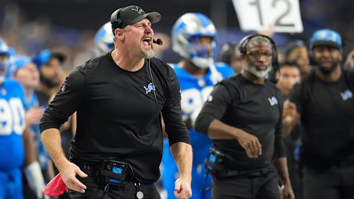 Detroit Lions Dan Campbell on the sideline during the second half against the Washington Commanders of the NFC divisional round at Ford Field in Detroit on Saturday, Jan. 18, 2025.