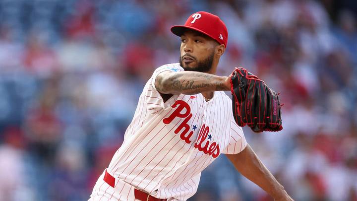May 5, 2026; Philadelphia, Pennsylvania, USA; Philadelphia Phillies pitcher Cristopher Sanchez (61) in action against the Athletics during the first inning at Citizens Bank Park.