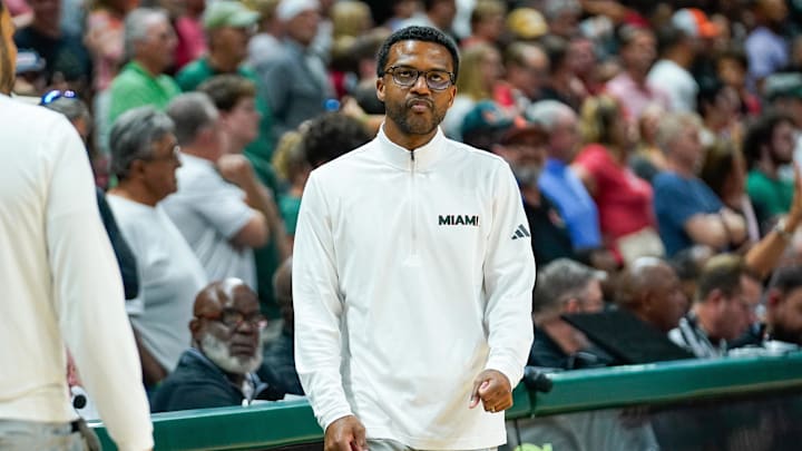 Mar 7, 2026; Coral Gables, Florida, USA; Miami Hurricanes head coach Jai Lucas reacts in a game against the Louisville Cardinals during the second half at Watsco Center. Mandatory Credit: Jeff Romance-Imagn Images Mar 7, 2026; Coral Gables, Florida, USA; Miami Hurricanes head coach Jai Lucas reacts in a game against the Louisville Cardinals during the second half at Watsco Center. Mandatory Credit: Jeff Romance-Imagn Images