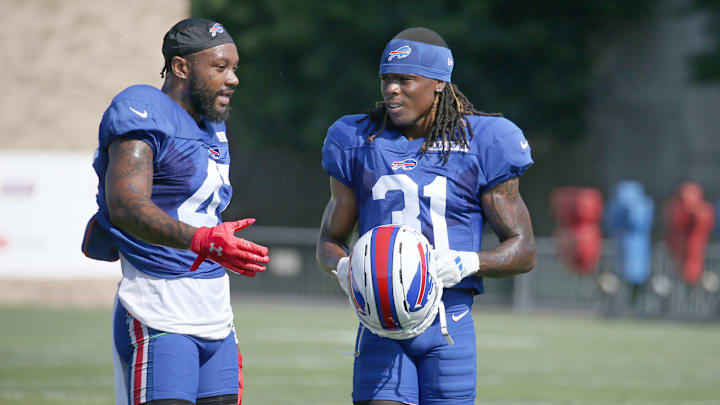 Bills veteran defensive back Christian Benford talks with rookie Maxwell Hairston between drills during day five of Buffalo Bills training camp at St. John Fisher University Monday, July 28, 2025 in Pittsford, NY. Bills veteran defensive back Christian Benford talks with rookie Maxwell Hairston between drills during day five of Buffalo Bills training camp at St. John Fisher University Monday, July 28, 2025 in Pittsford, NY.