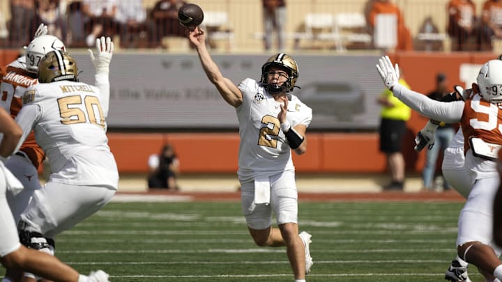 Nov 1, 2025; Austin, Texas, USA; Vanderbilt Commodores quarterback Diego Pavia (2) throws a pass during the first half against the Texas Longhorns at Darrell K Royal-Texas Memorial Stadium. Mandatory Credit: Scott Wachter-Imagn Images