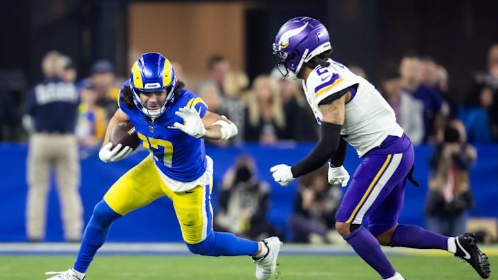 Jan 13, 2025; Glendale, AZ, USA; Los Angeles Rams wide receiver Puka Nacua (17) against the Minnesota Vikings during an NFC wild card game at State Farm Stadium. Mandatory Credit: Mark J. Rebilas-Imagn Images