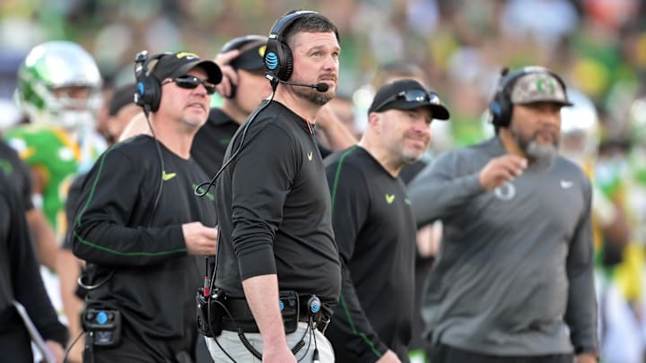 Jan 1, 2025; Pasadena, CA, USA;  Oregon Ducks head coach Dan Lanning looks on in the second quarter against the Ohio State Buckeyes in the 2025 Rose Bowl college football quarterfinal game at Rose Bowl Stadium. Mandatory Credit: Jayne Kamin-Oncea-Imagn Images