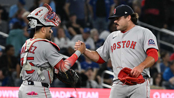 Sep 24, 2025; Toronto, Ontario, CAN; Boston Red Sox catcher Carlos Narvaez (75) and relief pitcher Payton Tolle (70) celebrate a win over the Toronto Blue Jays at Rogers Centre. Mandatory Credit: Dan Hamilton-Imagn Images Sep 24, 2025; Toronto, Ontario, CAN; Boston Red Sox catcher Carlos Narvaez (75) and relief pitcher Payton Tolle (70) celebrate a win over the Toronto Blue Jays at Rogers Centre. Mandatory Credit: Dan Hamilton-Imagn Images