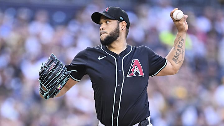 Sep 27, 2025; San Diego, California, USA; Arizona Diamondbacks starting pitcher Eduardo Rodriguez (57) delivers during the second inning against the Arizona Diamondbacks at Petco Park. Mandatory Credit: Denis Poroy-Imagn Images