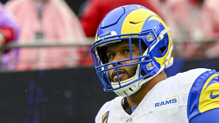 Dec 10, 2023; Baltimore, Maryland, USA;  Los Angeles Rams defensive tackle Aaron Donald (99) before the game against the Baltimore Ravens   at M&T Bank Stadium. Mandatory Credit: Tommy Gilligan-Imagn Images