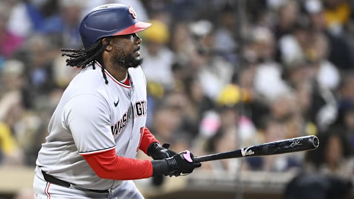Jun 23, 2025; San Diego, California, USA; Washington Nationals designated hitter Josh Bell (19) hits an RBI single during the fifth inning against the San Diego Padres at Petco Park. Jun 23, 2025; San Diego, California, USA; Washington Nationals designated hitter Josh Bell (19) hits an RBI single during the fifth inning against the San Diego Padres at Petco Park.