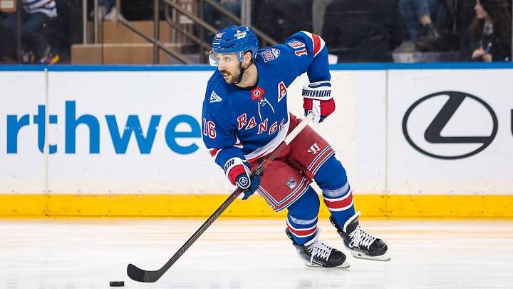 Apr 5, 2026; New York, New York, USA; New York Rangers center Vincent Trocheck (16) skates against the Washington Capitals during the second period at Madison Square Garden. Mandatory Credit: Danny Wild-Imagn Images