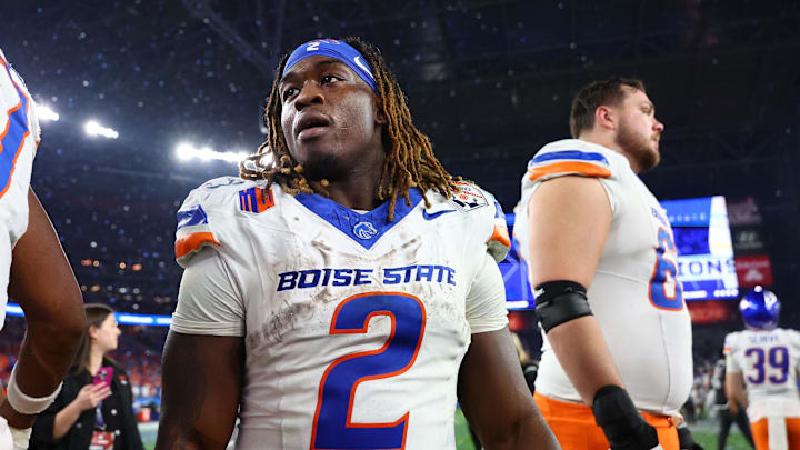 Dec 31, 2024; Glendale, AZ, USA; Boise State Broncos running back Ashton Jeanty (2) reacts after the game against the Penn State Nittany Lions in the Fiesta Bowl at State Farm Stadium. Mandatory Credit: Mark J. Rebilas-Imagn Images