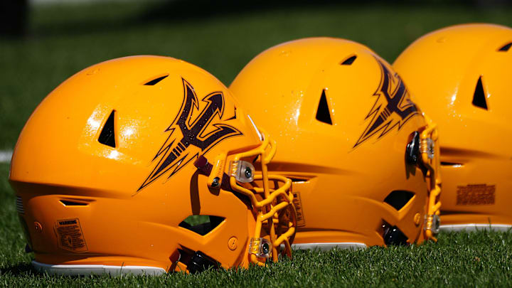 March 30, 2022;  Tempe, AZ, USA; ASU helmets during a practice at Kajikawa Practice fields.

Football Asu Fb