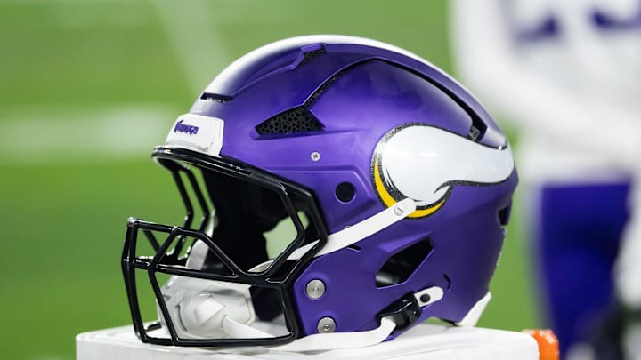 Jan 13, 2025; Glendale, AZ, USA; Detailed view of a Minnesota Vikings helmet during an NFC wild card game at State Farm Stadium. Mandatory Credit: Mark J. Rebilas-Imagn Images