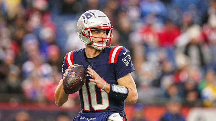 Dec 28, 2024; Foxborough, Massachusetts, USA; New England Patriots quarterback Drake Maye (10) looks to pass the ball against the Los Angeles Chargers in the second half at Gillette Stadium. Mandatory Credit: David Butler II-Imagn Images