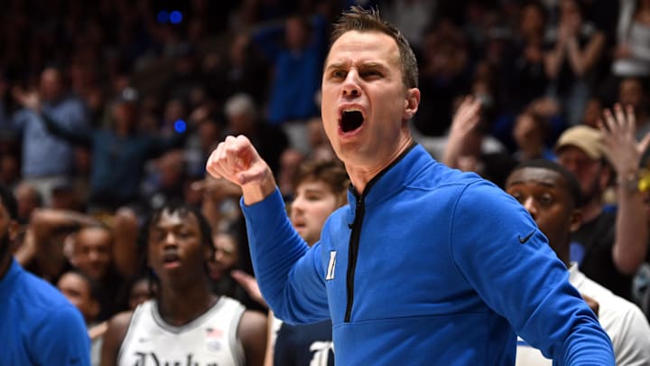 Feb 4, 2023; Durham, North Carolina, USA; Duke Blue Devils head coach Jon Scheyer reacts to a call during the second half against the North Carolina Tar Heels at Cameron Indoor Stadium. Feb 4, 2023; Durham, North Carolina, USA; Duke Blue Devils head coach Jon Scheyer reacts to a call during the second half against the North Carolina Tar Heels at Cameron Indoor Stadium.