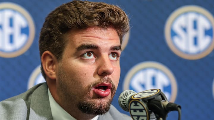 Jul 17, 2025; Atlanta, GA, USA; Missouri Tigers center Connor Tollison answers questions from the media during the SEC Media Days at Omni Atlanta Hotel. Mandatory Credit: Jordan Godfree-Imagn Images