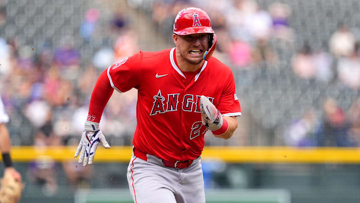 Sep 21, 2025; Denver, Colorado, USA; Los Angeles Angels designated hitter Mike Trout (27) scores a run in the first inning against the Colorado Rockies at Coors Field. Mandatory Credit: Ron Chenoy-Imagn Images Sep 21, 2025; Denver, Colorado, USA; Los Angeles Angels designated hitter Mike Trout (27) scores a run in the first inning against the Colorado Rockies at Coors Field. Mandatory Credit: Ron Chenoy-Imagn Images
