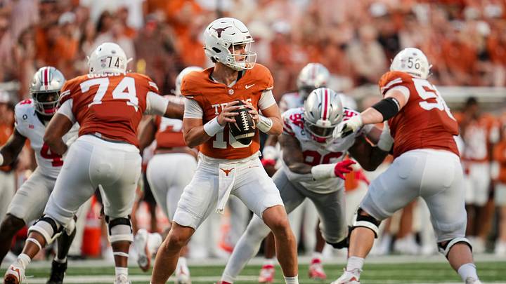 Texas Longhorns quarterback Arch Manning (16) looks to throw during the NCAA football game against the Ohio State Buckeyes at Darrell K Royal–Texas Memorial Stadium in Austin, Texas on Sept. 12, 2026. Texas Longhorns quarterback Arch Manning (16) looks to throw during the NCAA football game against the Ohio State Buckeyes at Darrell K Royal–Texas Memorial Stadium in Austin, Texas on Sept. 12, 2026.