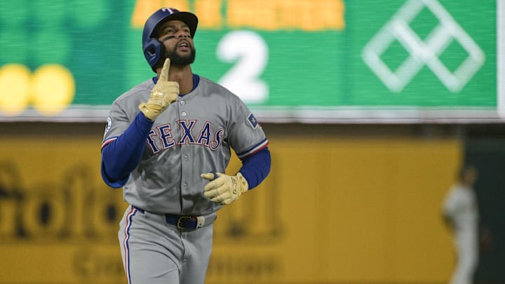 Texas Rangers outfielder Leody Taveras celebrates after hitting a home run against the Athletics on April 23 at Sutter Health Park.