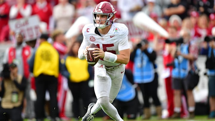 Jan 1, 2026; Pasadena, CA, USA; Alabama Crimson Tide quarterback Ty Simpson (15) looks to pass against the Indiana Hoosiers in the first half of the 2026 Rose Bowl and quarterfinal game of the College Football Playoff at Rose Bowl Stadium. Mandatory Credit: Gary A. Vasquez-Imagn Images