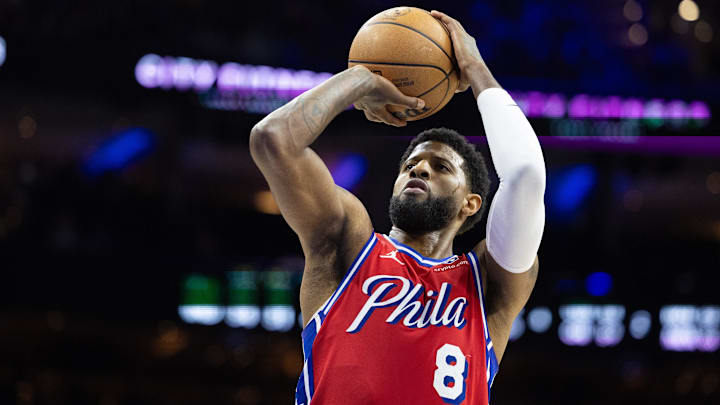 Dec 13, 2024; Philadelphia, Pennsylvania, USA; Philadelphia 76ers forward Paul George (8) shoots a foul shot against the Indiana Pacersduring the fourth quarter at Wells Fargo Center. Mandatory Credit: Bill Streicher-Imagn Images