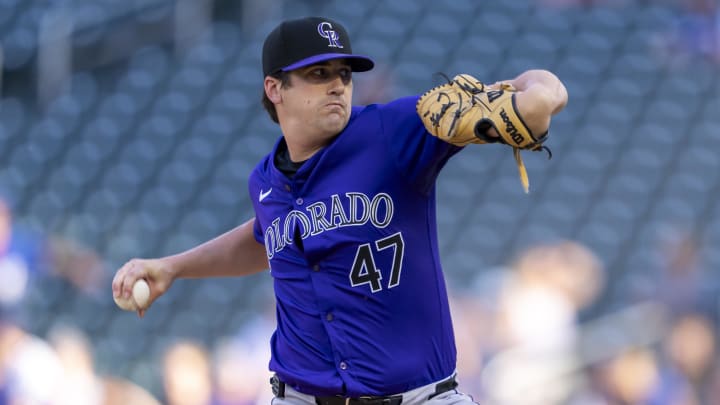 Jun 11, 2024; Minneapolis, Minnesota, USA; Colorado Rockies starting pitcher Cal Quantrill (47) delivers a pitch against the Minnesota Twins in the first inning at Target Field. Mandatory Credit: Jesse Johnson-USA TODAY Sports