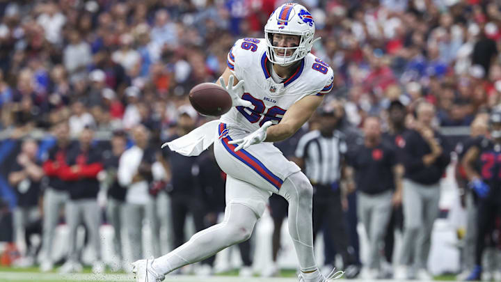 Buffalo Bills tight end Dalton Kincaid makes a reception during the second quarter against the Houston Texans at NRG Stadium. Buffalo Bills tight end Dalton Kincaid makes a reception during the second quarter against the Houston Texans at NRG Stadium.