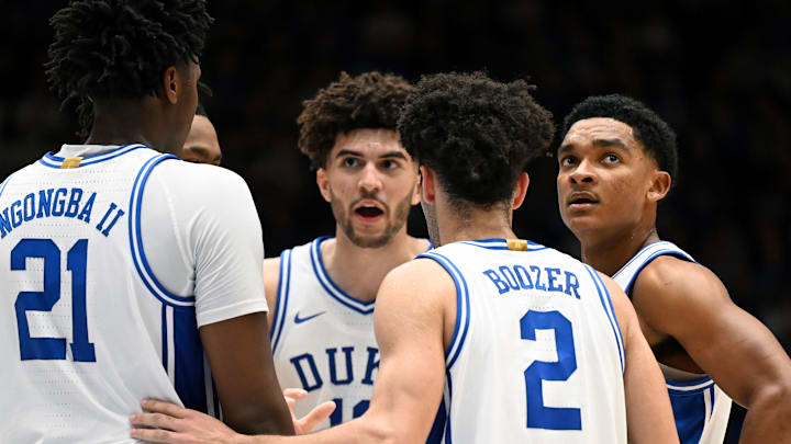 Jan 10, 2026; Durham, North Carolina, USA; Duke Blue Devils players (left to right) Pat Ngongba II, Cameron Boozer, Cayden Boozer, and Caleb Foster huddle. Jan 10, 2026; Durham, North Carolina, USA; Duke Blue Devils players (left to right) Pat Ngongba II, Cameron Boozer, Cayden Boozer, and Caleb Foster huddle.