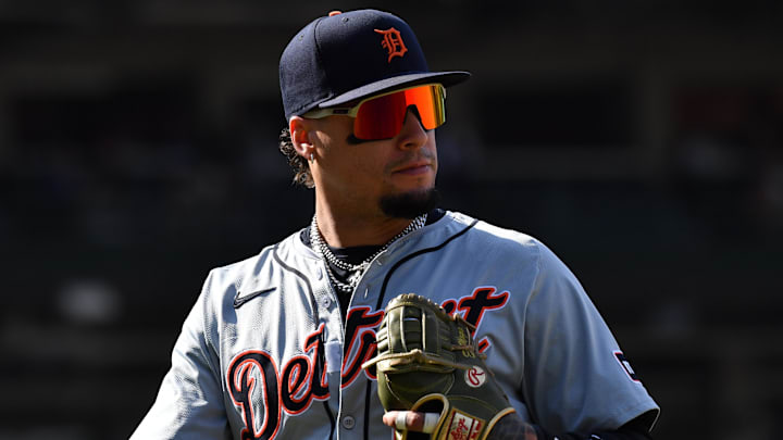 Aug 22, 2024; Chicago, Illinois, USA; Detroit Tigers shortstop Javier Baez (28) is seen during the eighth inning against the Chicago Cubs at Wrigley Field. 