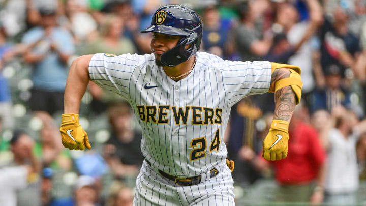 Jun 10, 2023; Milwaukee, Wisconsin, USA; Milwaukee Brewers catcher William Contreras (24) reacts