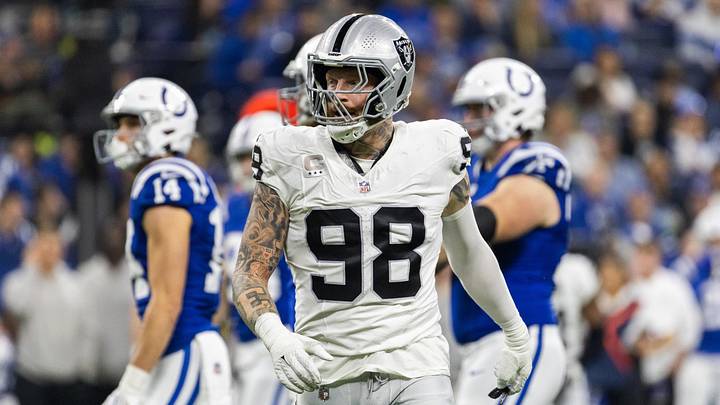 Dec 31, 2023; Indianapolis, Indiana, USA; Las Vegas Raiders defensive end Maxx Crosby (98) in the first half against the Indianapolis Colts at Lucas Oil Stadium. Mandatory Credit: Trevor Ruszkowski-USA TODAY Sports Dec 31, 2023; Indianapolis, Indiana, USA; Las Vegas Raiders defensive end Maxx Crosby (98) in the first half against the Indianapolis Colts at Lucas Oil Stadium. Mandatory Credit: Trevor Ruszkowski-USA TODAY Sports