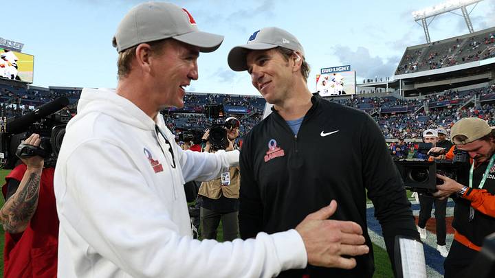 Feb 4, 2024; Orlando, FL, USA; NFC coach Eli Manning and AFC coach Peyton Manning react after the 2024 Pro Bowl at Camping World Stadium. Mandatory Credit: Nathan Ray Seebeck-USA TODAY Sports Feb 4, 2024; Orlando, FL, USA; NFC coach Eli Manning and AFC coach Peyton Manning react after the 2024 Pro Bowl at Camping World Stadium. Mandatory Credit: Nathan Ray Seebeck-USA TODAY Sports