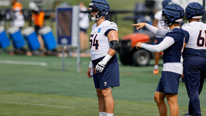 Jul 26, 2024; Englewood, CO, USA; Denver Broncos center Alex Forsyth (54) during training camp at Broncos Park Powered by CommonSpirit. Mandatory Credit: Isaiah J. Downing-Imagn Images