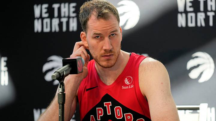 Sep 29, 2025; Toronto, Ontario, Canada; Toronto Raptors center Jakob Poeltl (19) listens to a question during the media day press conference at Hotel X. Mandatory Credit: John E. Sokolowski-Imagn Images