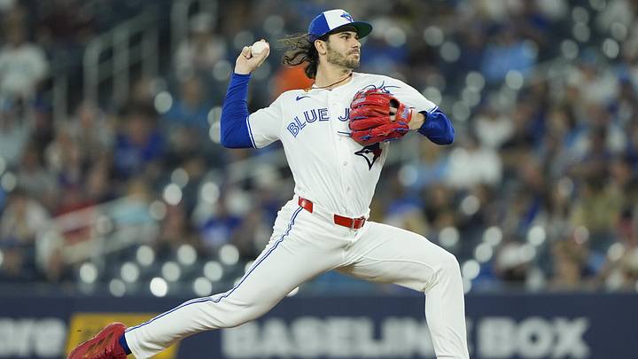 Jun 9, 2026; Toronto, Ontario, CAN; Toronto Blue Jays starting pitcher Dylan Cease (84) pitches to the Philadelphia Phillies during the first inning at Rogers Centre. 