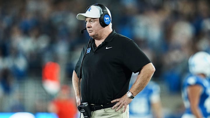 Kentucky head coach Mark Stoops on the sidelines during the game against Eastern Michigan at Kroger Field in Lexington, Kentucky Saturday, Sept. 13, 2025.