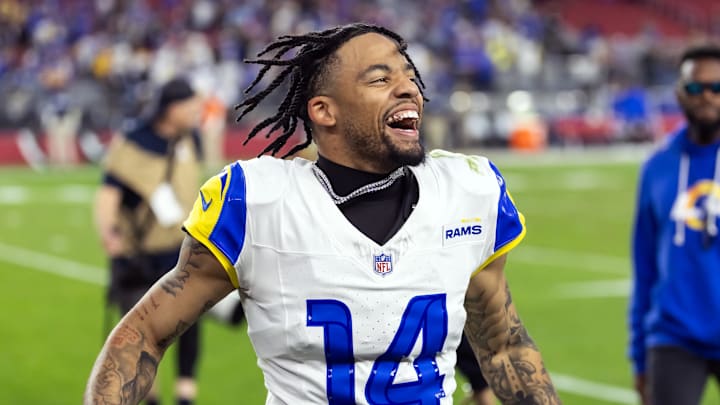 Los Angeles Rams cornerback Cobie Durant celebrates after defeating the Arizona Cardinals at State Farm Stadium. 