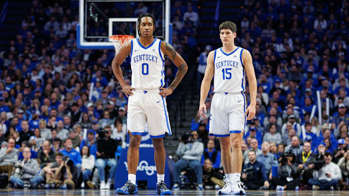 Jan 17, 2024; Lexington, Kentucky, USA; Kentucky Wildcats guards Rob Dillingham (0) and Reed