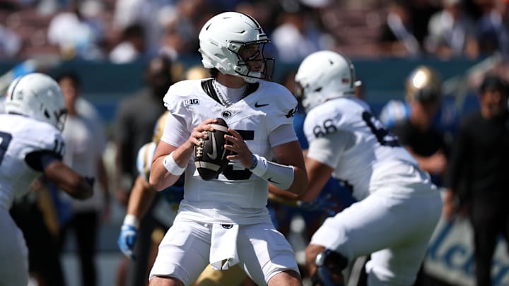 Penn State Nittany Lions quarterback Drew Allar (15) looks to pass during the first quarter against the UCLA Bruins at the Rose Bowl. 