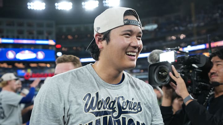 Nov 1, 2025; Toronto, Ontario, CAN; Los Angeles Dodgers two-way player Shohei Ohtani (17) reacts after defeating the Toronto Blue Jays in the eleventh inning for game seven of the 2025 MLB World Series at Rogers Centre. Mandatory Credit: Nick Turchiaro-Imagn Images