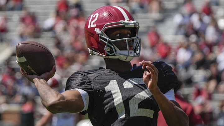 Apr 12, 2025; Tuscaloosa, AL, USA; Alabama quarterback Keelon Russel (12) throws prior to the game at Bryant-Denny Stadium. Mandatory Credit: Gary Cosby/USA TODAY NETWORK via Imagn Images
