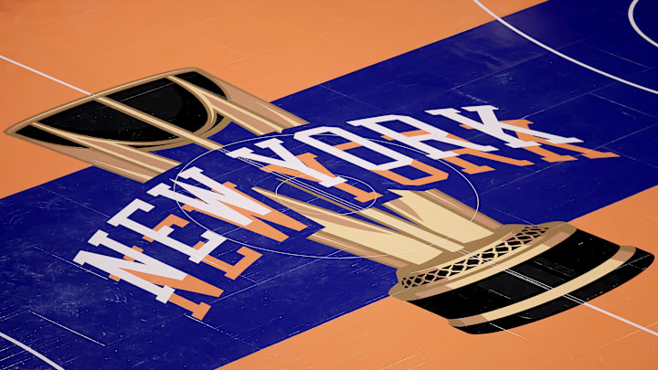 Nov 24, 2023; New York, New York, USA; General view of the in-season tournament court logo during warmups before a game between the New York Knicks and the Miami Heat at Madison Square Garden. Mandatory Credit: Brad Penner-Imagn Images