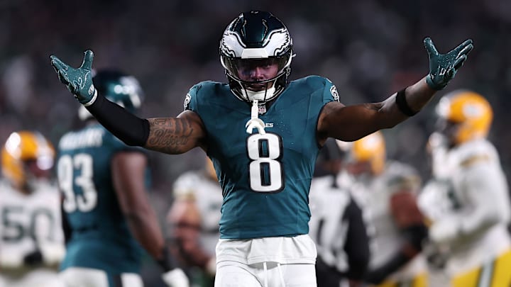 Jan 12, 2025; Philadelphia, Pennsylvania, USA; Philadelphia Eagles safety C.J. Gardner-Johnson (8) reacts against the Green Bay Packers during the first half in an NFC wild card game at Lincoln Financial Field.