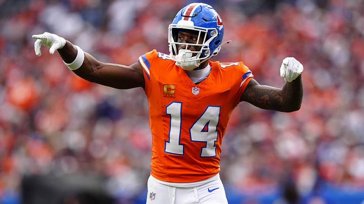 Oct 26, 2025; Denver, Colorado, USA; Denver Broncos wide receiver Courtland Sutton (14) reacts in the fourth quarter against the Dallas Cowboys at Empower Field at Mile High. Oct 26, 2025; Denver, Colorado, USA; Denver Broncos wide receiver Courtland Sutton (14) reacts in the fourth quarter against the Dallas Cowboys at Empower Field at Mile High.