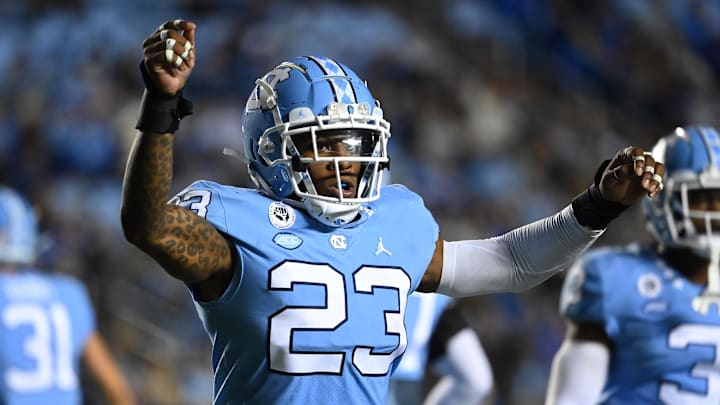 Oct 29, 2022; Chapel Hill, North Carolina, USA; North Carolina Tar Heels linebacker Power Echols (23) reacts in the fourth quarter at Kenan Memorial Stadium. Mandatory Credit: Bob Donnan-USA TODAY Sports