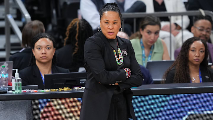 Apr 3, 2026; Phoenix, AZ, USA; South Carolina Gamecocks head coach Dawn Staley looks on in the second half against the UConn Huskies during a semifinal of the Final Four of the women's 2026 NCAA Tournament at Mortgage Matchup Center. Mandatory Credit: Joe Camporeale-Imagn Images