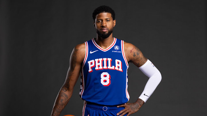 Sep 30, 2024; Camden, NJ, USA; Philadelphia 76ers forward Paul George (8) poses for a photo on media day at the Philadelphia 76ers Training Complex. Mandatory Credit: Bill Streicher-Imagn Images