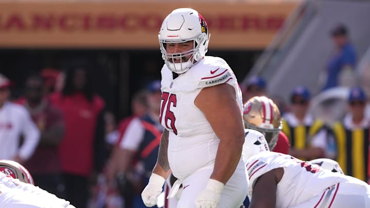 Oct 6, 2024; Santa Clara, California, USA; Arizona Cardinals guard Will Hernandez (76) during the third quarter against the San Francisco 49ers at Levi's Stadium. Mandatory Credit: Darren Yamashita-Imagn Images Oct 6, 2024; Santa Clara, California, USA; Arizona Cardinals guard Will Hernandez (76) during the third quarter against the San Francisco 49ers at Levi's Stadium. Mandatory Credit: Darren Yamashita-Imagn Images